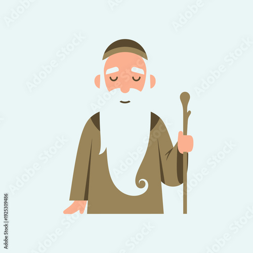 Elderly Man with Long White Beard and Staff, Peaceful Expression, Religious Figure