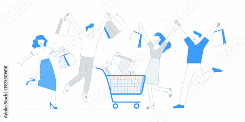 Joyful people celebrate shopping with bags and a full cart