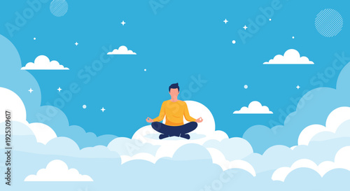 Peaceful man practicing meditation while floating on a soft white cloud in a vast blue sky filled with bright shining stars.