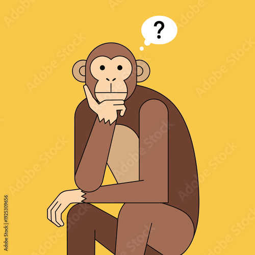 Chimpanzee thinking, pondering, questioning, with a question mark in a thought bubble.