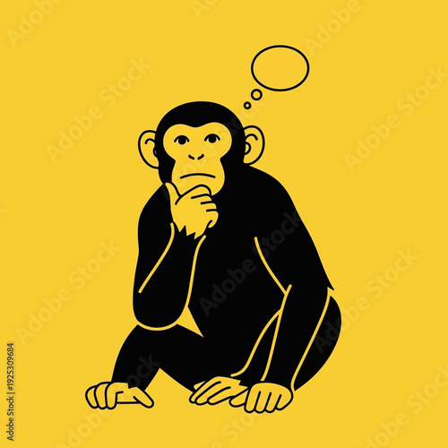 Chimpanzee sitting and thinking with a thought bubble, black silhouette on yellow background