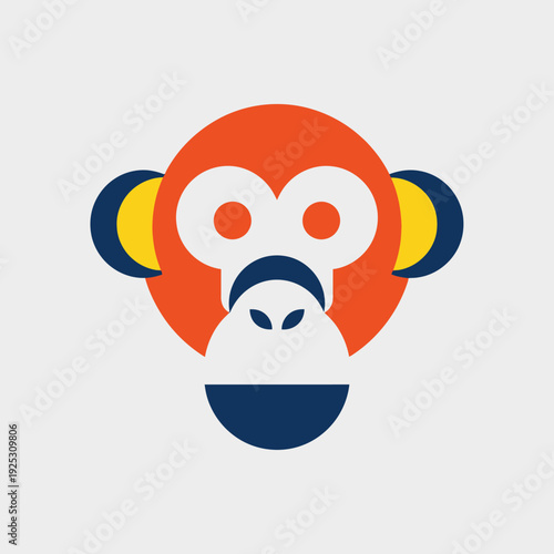 Cute Monkey Face Icon, Cartoon Animal Head, Orange and Blue, Simple Vector Art