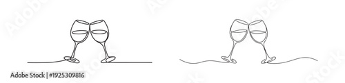 Continuous line art of wine glasses toasting for celebration event party minimalist vector set icon
