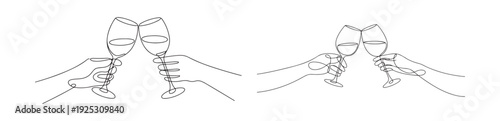 Continuous line drawing of two hands toasting with wine glasses, celebration event vector illustration