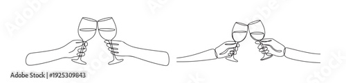 Single line drawing of hands holding wine glasses for celebration toast gesture vector illustration