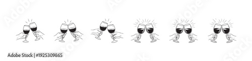 Set of wine glasses toasting icons, hands holding and clinking glasses, celebration black and white