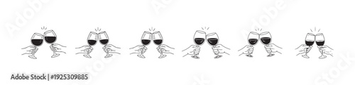Set of wine glasses toasting icons, hands holding and clinking glasses, celebration black and white