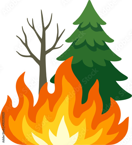 Forest Wildfire Vector Illustration with Burning Flames, Pine Tree and Dead Tree Isolated