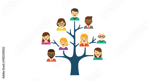 Diverse family tree diagram showing different generations of people connected by branches on a large dark blue tree.