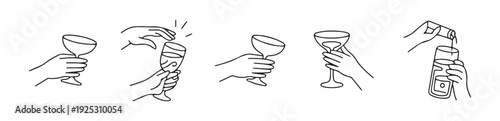 Collection of hands holding different celebratory drinks like champagne and cocktails for fun