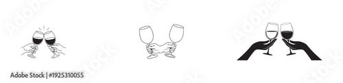 Hands clinking wine glasses black outline symbol set celebrating success special occasion vector