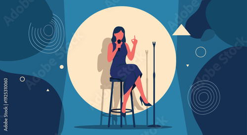 Talented female singer performing a soulful song into a microphone while sitting on a high stool in a spotlight.