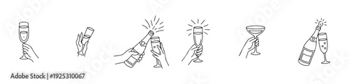 Hands toasting with champagne bottles and various glasses for special occasions and glamour