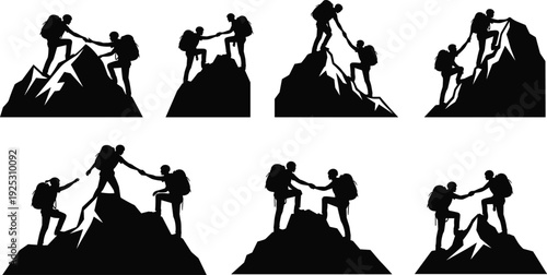Mountain climbers teamwork silhouette set showing hikers helping each other reach summit peaks isolated on white background for leadership and success concept.