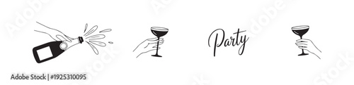 Outline illustrations of hands serving pouring and toasting with sparkling wine and fancy drinks