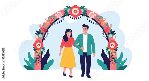 Happy newlywed couple walking together under a beautiful floral wedding arch decorated with colorful spring flowers.