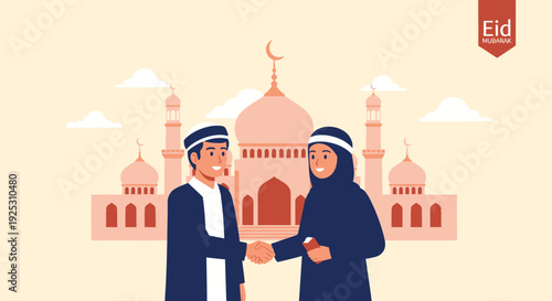 Eid Mubarak Greeting: Muslim Man and Woman Shaking Hands in Front of a Mosque, Celebrating Islamic Festival and Community Unity