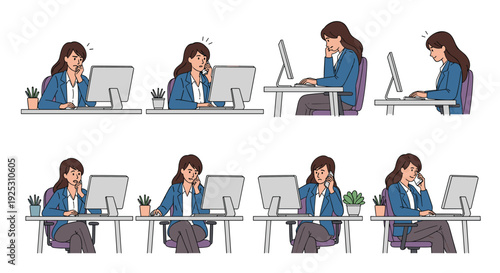 Sequence of a professional woman working at her desk while experiencing different emotions like stress and focus.