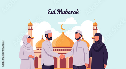 Eid Mubarak Celebration with Muslim Men Shaking Hands and Women by Mosque - Islamic Greeting Illustration