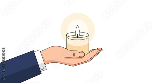 Gentle hand of a person in a business suit holding a burning white candle in a small glass holder with a warm glow.