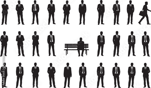 Black silhouettes of businessmen in formal attire standing, walking with briefcase, and sitting on bench, emphasizing individuality, conformity, posture variation, and corporate lifestyle concepts