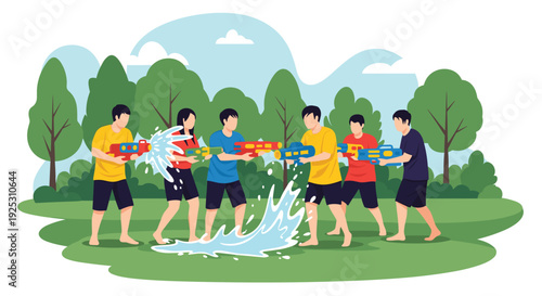 Group of friends having fun and playing with colorful water guns during a refreshing outdoor summer activity in a park.