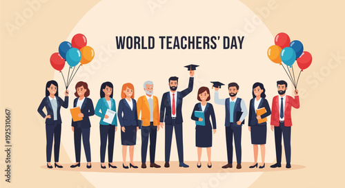 World Teachers' Day Celebration with Diverse Educators Holding Balloons and Graduation Caps - Honoring Education Professionals