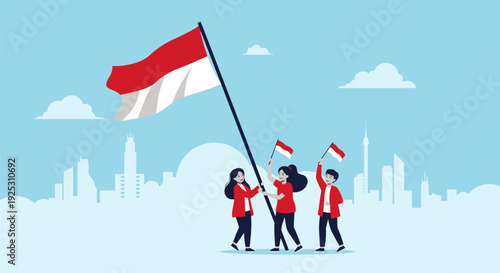 Indonesian People Celebrating National Day, Raising Bendera Merah Putih with Pride. Independence and Unity Concept.