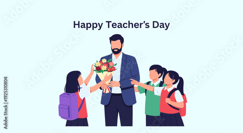 Happy Teacher's Day: Students Giving Flowers to Male Teacher, Showing Appreciation and Gratitude Illustration