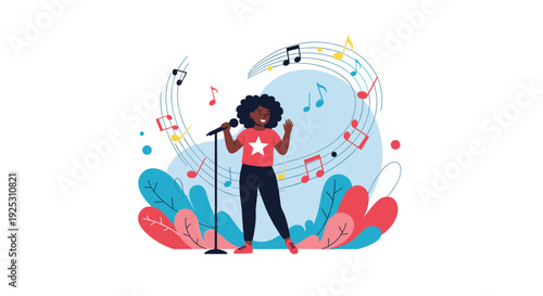 Young girl with curly hair performs on stage with a microphone surrounded by colorful musical notes and abstract shapes.