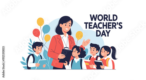 World Teacher's Day Celebration: Flat Illustration of Happy Teacher with Diverse Students and Balloons, Honoring Educators