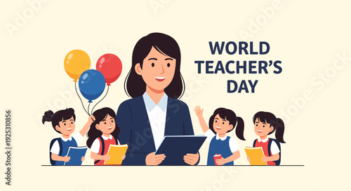 World Teacher's Day Illustration: Cheerful Teacher and Happy School Children Celebrating Education and Appreciation