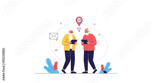 Two elderly men stand together and look at their digital tablets while a GPS location icon floats above their heads.