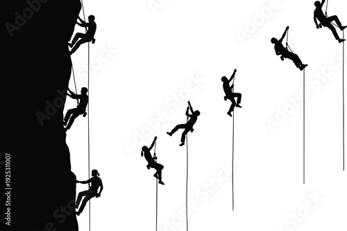 Rock climber and rappelling silhouette set showing multiple rope descent poses on cliff isolated on white background for adventure sport concept.