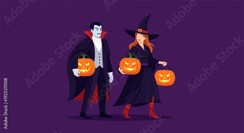 Spooky Halloween Duo: Vampire and Witch with Glowing Jack-o'-lanterns on Purple Background
