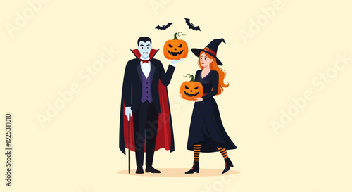 Vampire and Witch Celebrating Halloween with Jack-o'-Lanterns and Bats
