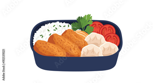 Healthy bento lunch box contains white rice, fried chicken, dumplings, fresh tomatoes, and green herbs in a blue tray.