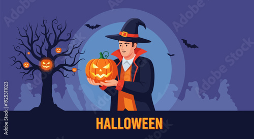 Halloween Night Illustration: Man in Witch Hat with Jack-o'-Lantern, Spooky Tree & Bats. Festive Autumn Celebration Design.