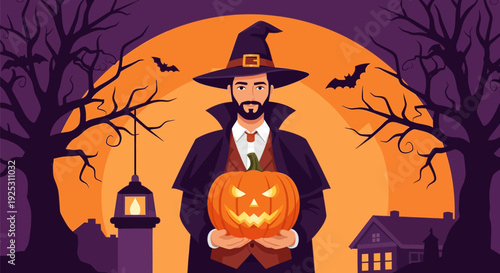 Bearded Man in Witch Hat Holding Jack-o'-Lantern on Spooky Halloween Night