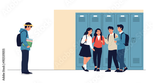 Sad student stands alone with books while a group of peers whispers and laughs at him near school lockers in a hallway.