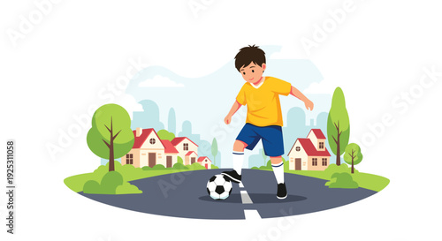 Young boy in a yellow jersey dribbles a soccer ball on a paved road in a quiet suburban neighborhood with small houses.