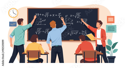 Group of diverse students actively solves complex mathematical equations on a large blackboard in a bright classroom.