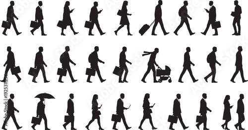 Black silhouettes of people walking in diverse postures carrying briefcases, backpacks, umbrellas, suitcases, and stroller, representing everyday lifestyle, business, travel, and design concepts