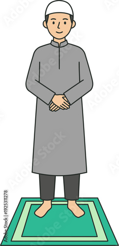 Illustration of a Muslim man standing on a prayer mat, performing Salah with hands clasped, wearing traditional Islamic attire.