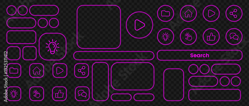 Purple neon UI elements, icons and frames for interface design. Collection of purple neon UI elements including icons, frames, buttons and search bar. glowing neon shapes.