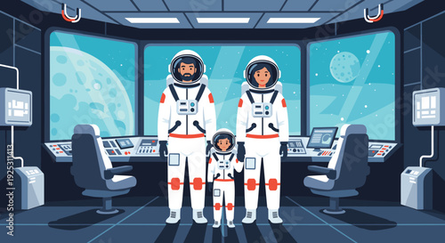Family of three astronauts in white spacesuits stands inside a futuristic spaceship control room looking at planets.