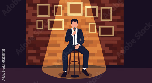 Male comedian performs a stand-up routine on a dimly lit stage with a brick wall and empty picture frames in background.