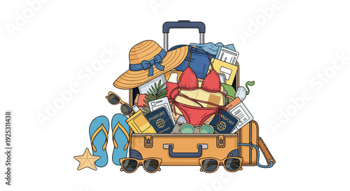 Open travel suitcase is overflowing with summer essentials like a bikini, hat, sunglasses, passports, and sunscreen.
