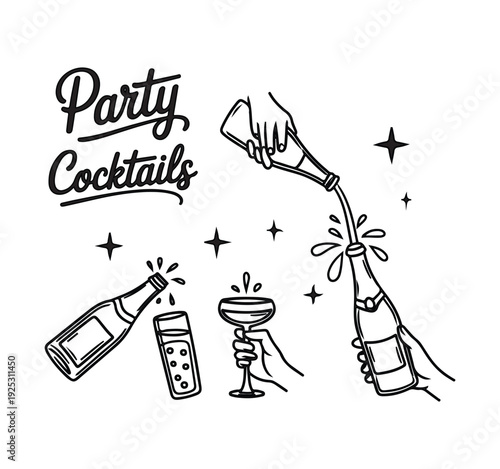 Party cocktails calligraphy and bottle pouring champagne into glass set of hand drawn illustrations