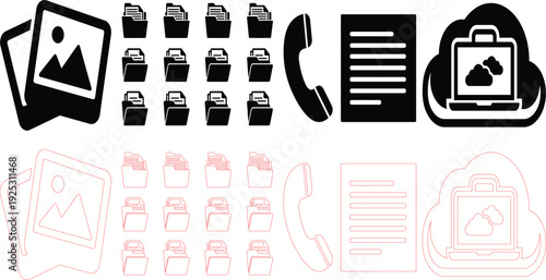 Black vector icon set featuring church and old building symbols with alphabet letters numbers zodiac signs and musical design elements